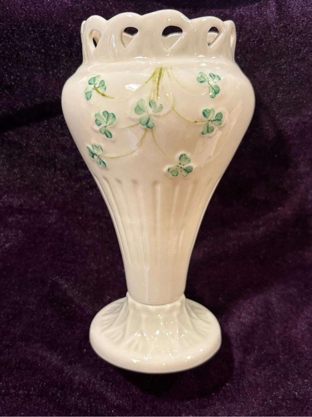 Beleek Ireland Vintage Hand-Painted Cream Green Shamrock Vase.